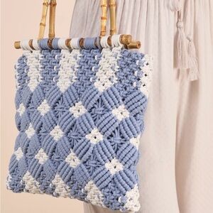 Zara Blue and White Macrame Bag. Crochet purse. Bamboo handles. Like New.